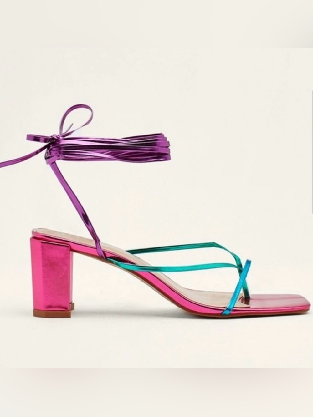 Nasty Gal Metallic Colorful Lace-Up Strappy Gladiator Block Heel Square Toe 8